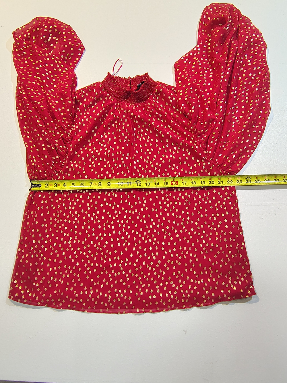MSK Red Blouse with Gold Dot Accents and Statement Puff Sleeves - Picture 3 of 9